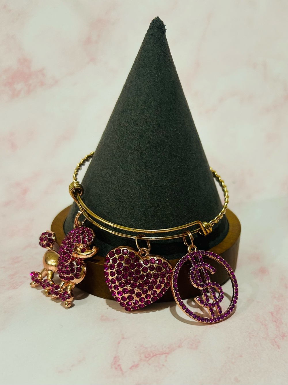 Rose-Gold Bracelet with Purple Crystal Charms - Heart, Dollar & Teddy